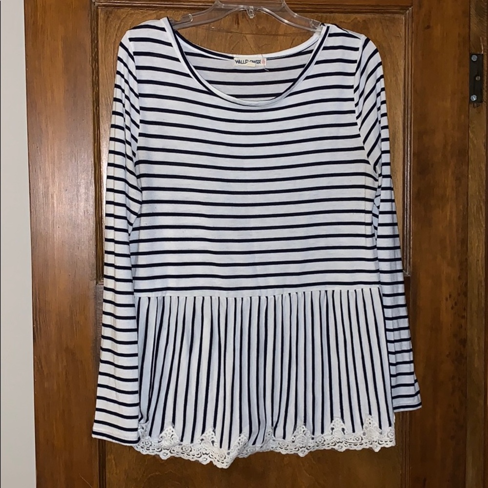 Striped Peplum Top with Lace Border